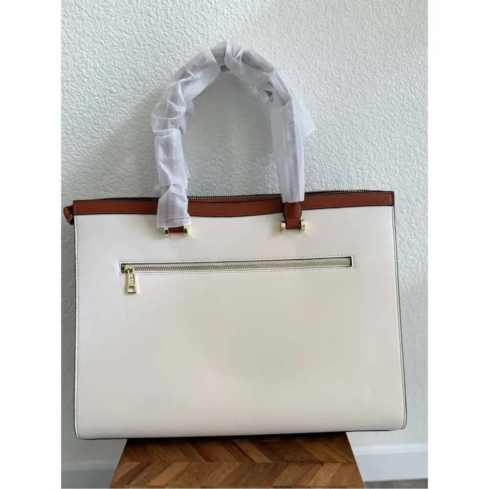 Tan Cream Laptop Briefcase Structured Work Tote 15.6”